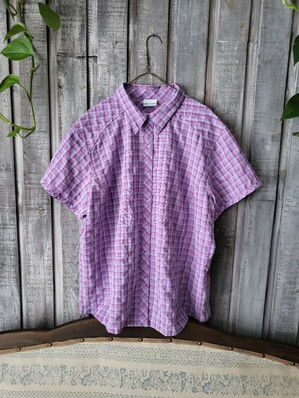 Columbia Womens Plus 2X Plaid Hiking Shirt Short Sleeve Purple Trail Gorpcore